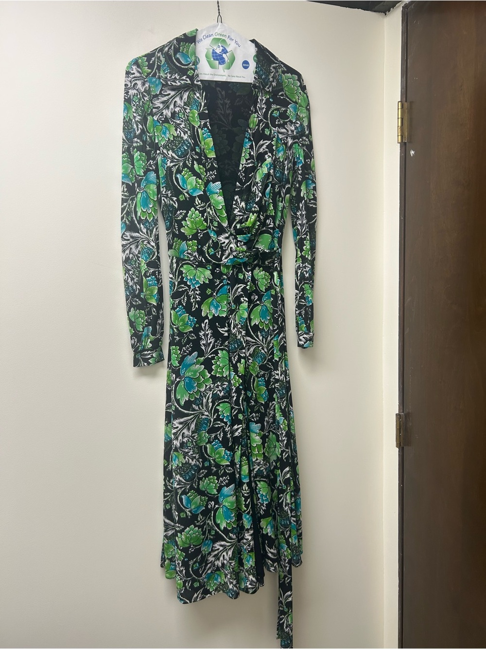 Diane Von Furstenberg Black Wrap Dress with Green & Teal Floral Print